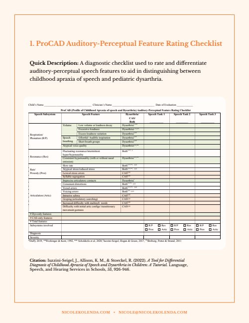 First page of the ProCAD Auditory-Perceptual Feature Rating Checklist