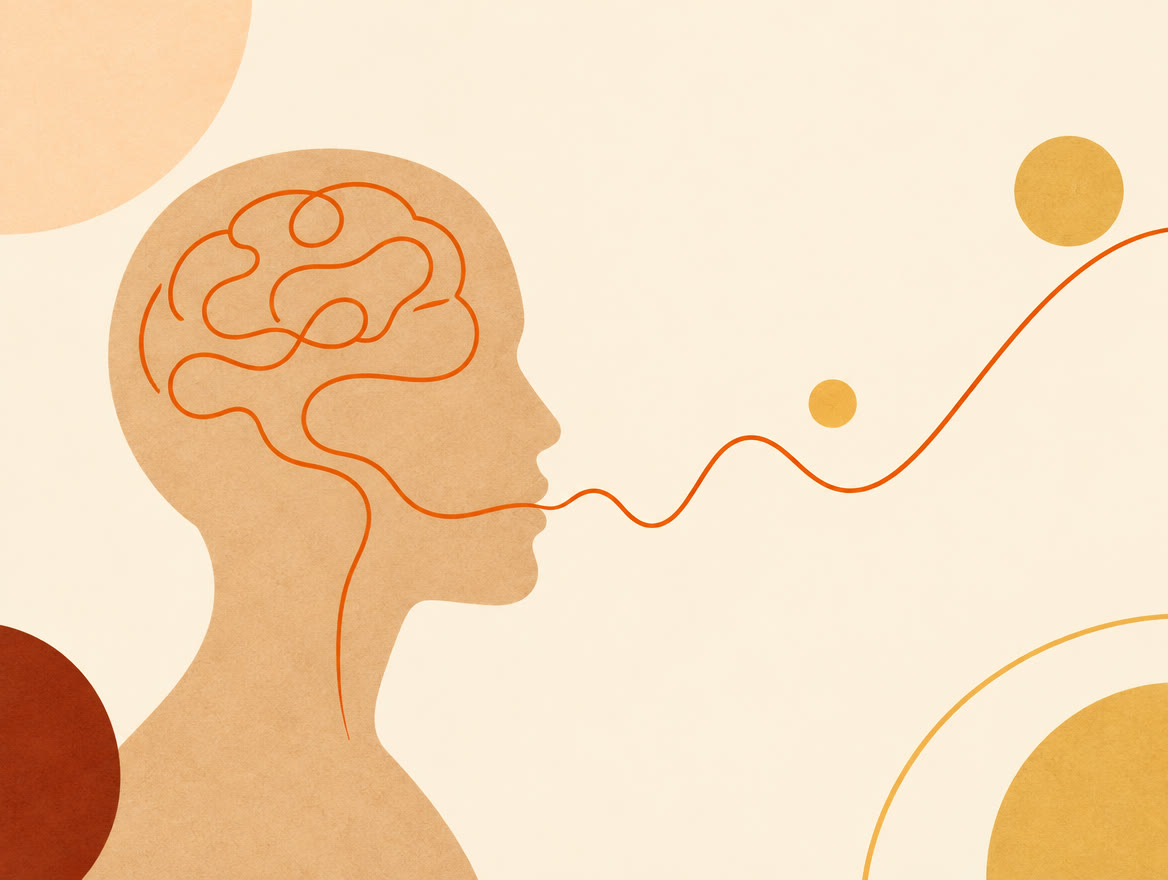 Illustration: a line drawing of the brain flows down through a head in profile and out of the lips as a sound wave