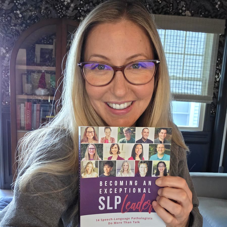 Nicole holding a copy of Becoming an Exceptional SLP Leader, the book she contributed to
