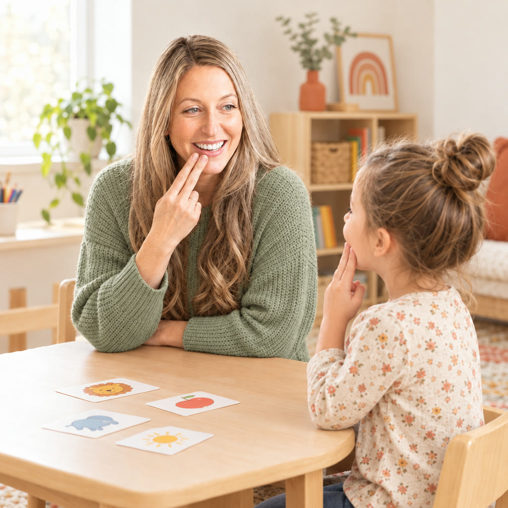 Nicole showing a child a speech movement at a small therapy table