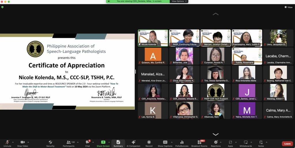 Certificate of Appreciation Nicole Kolenda, M.S., CCC-SLP--pediatric speech pathologist, motor speech expert, professor & speaker.